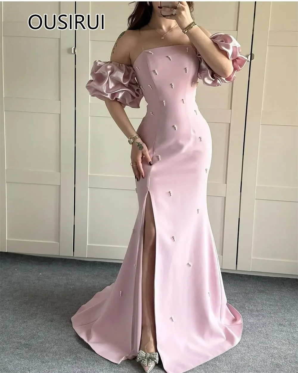 Women's Evening Gown Boat Collar Detachable Sleeve Satin Side Slit Court Sexy Mermaid Prom Party Dress with Pearls Customizd