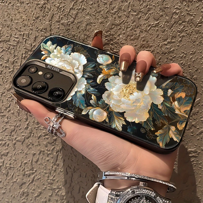

Pearl white peony pattern phone case suitable for Samsung Galaxy S25 S24 S23 S22 S20 FE Ultra Plus 4G/5G anti drop back case