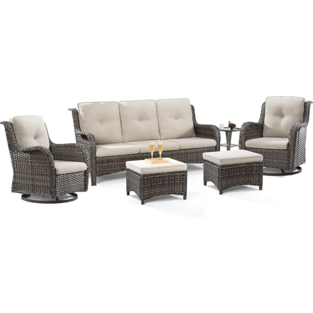 

Wicker Patio Furniture Set 6 Piece Set with 1 Three-Seat Sofa, 2 Swivel Rocker Chairs, 2 Ottomans and 1 Side Table