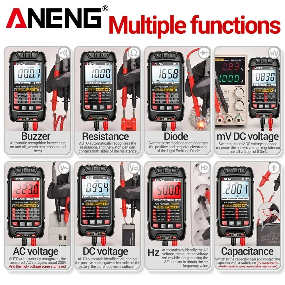 ANENG M117 Capacitor Tester Resistance Current Voltage Multimetro 4000 Counts Instruments Meter Multimeters NCV Backlight Tools