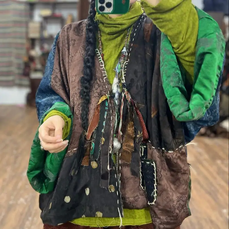 Spring Autumn Arts Style Women Batwing Sleeve V-neck Loose Coats Patchwork Design Manual Embroidery Vintage Jackets High Quality