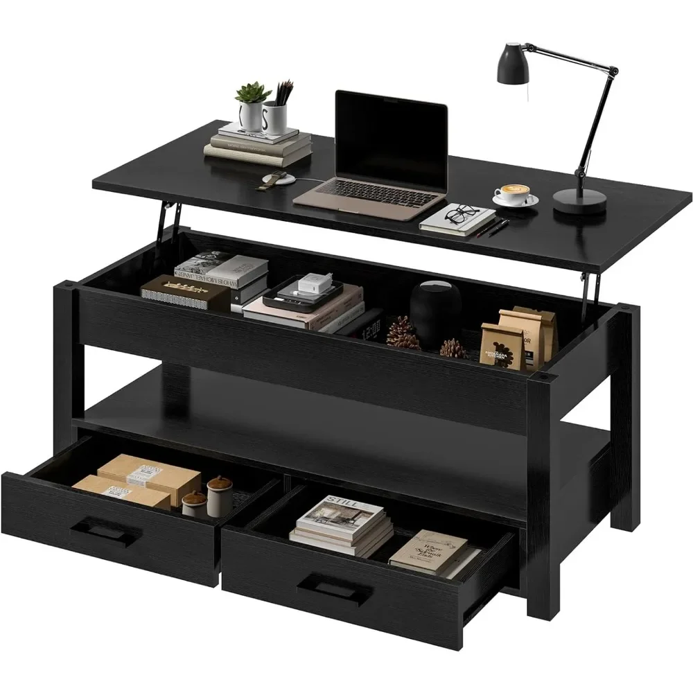 Lift Top Coffee Table with 2 Storage Drawer Hidden Compartment Open Storage Shelf, Folding Wood End Table, Coffee Table