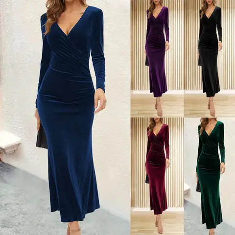 AliExpress Europe and the United States autumn and winter new slim elegant fishtail V-neck long sleeve dress evening dress