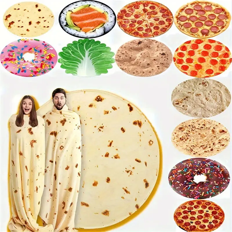 1Pc Quirky Indian Flying Pancake Blanket Donuts and Pizza Printwarm Flannel Blank for Air Conditioned Rooms Soft Round Nap Shawl