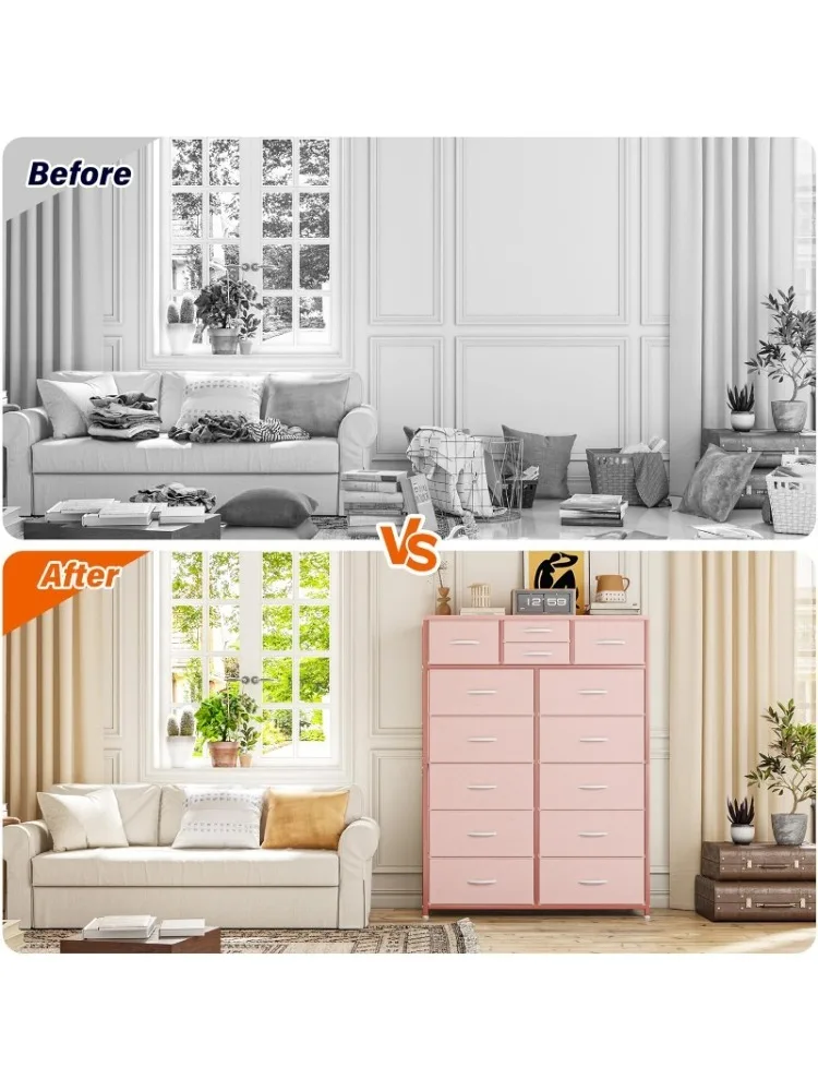 Cómoda rosa, cómoda para dormitorio de niñas con 14 cajones de tela, cómoda y cómoda rosa, cómoda alta para dormitorio