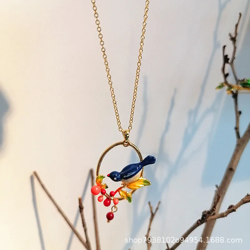 Trendy Fairy Forest Style Enamel Handpainted Cute Blue Magpie Bird Colorful Fruit Neck Decoration Necklace for Women Rural Style