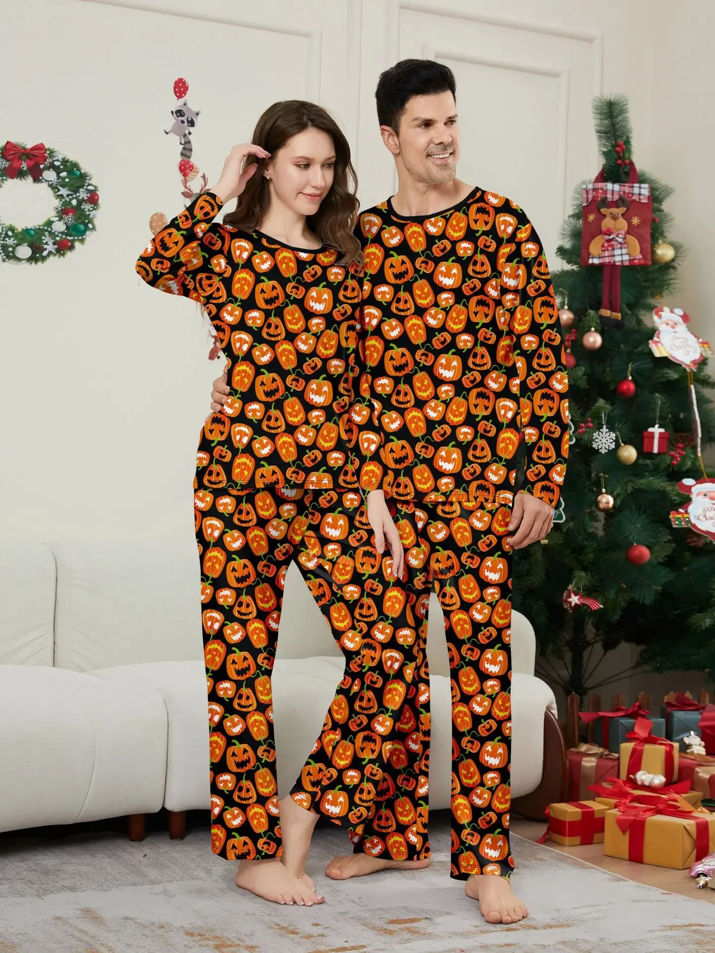 2024 New All Over Pumpkin Print Pajamas Set For Family/Couples/Kids Halloween Clothing Sets Soft Sleepwear Y2K Style Pyjamas