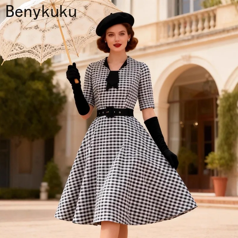 

Элегантное женское платье с галстуком-бабочкой, черно-белое клетчатое платье с поясом, весна-лето 2026, винтажные платья в стиле рокабилли с короткими рукавами, одежда