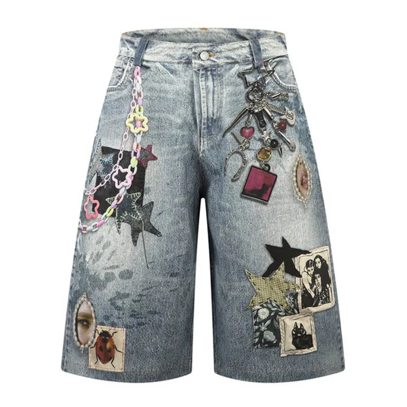 

Винтажные модные джинсовые шорты с 3D-принтом для мужчин, уличная одежда, синие джинсовые шорты с эффектом потертости для мужчин