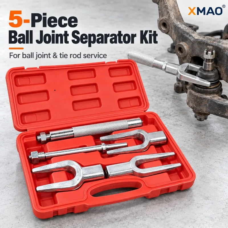 XMAO 5PCS Ball Joint Separator Kit, Pickle Fork Tie Rod End Remover with 3 Forks, Striking Handle, Air Hammer Adapter and Case
