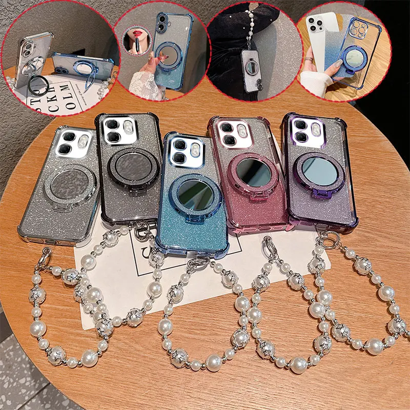 Bling Glitter Lipstick Mirror Stand Phone Case For Infinix Hot 50i Hot50i Smart 9 With Pearl Chain Anti-drop Shockproof Cover
