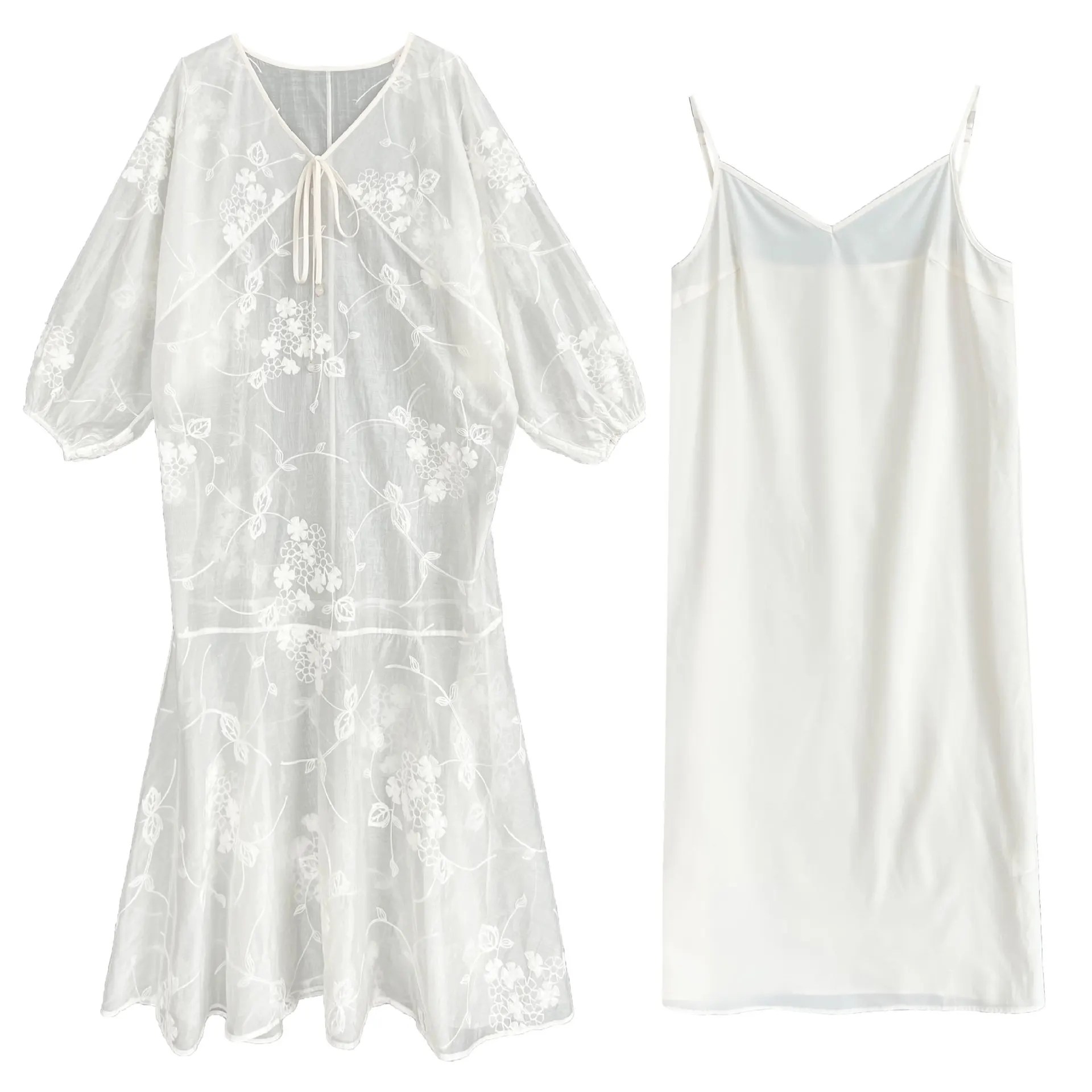 2025 verão floral bordado rayon vestido 2 peças conjunto- boho decote em v em camadas chiffon maxi renda manga vestido de férias 3631