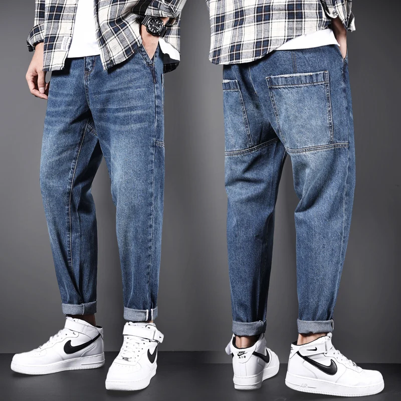 Mens Jeans Harem Pants Fashion Pockets Desinger Blue Loose fit Baggy Pants Moto Jeans Men Streetwear Relaxed Tapered Jeans 42