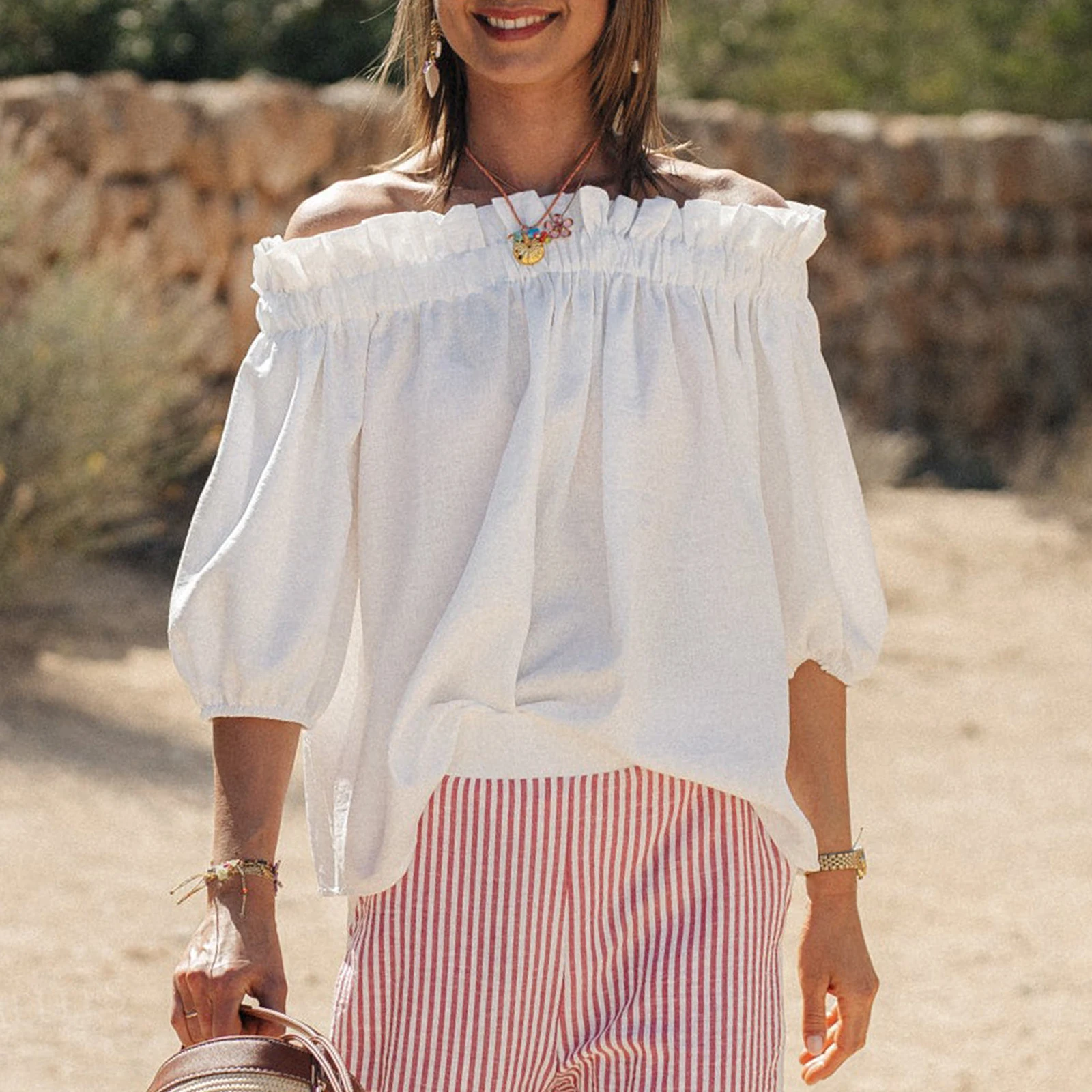 Chemisier artificiel astique à Volants pour Femme, Couleur Unie, Col Bateau, Chemise Bouffante, Demi-Manches, Loisirs