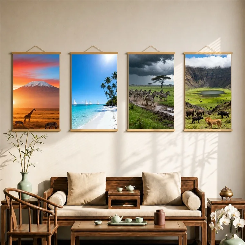 Wall Decorations African Savanna Wildlife and Ocean Horizons, Pearlescent Canvas Hanging Scroll for Safari Lodge Interior Decor