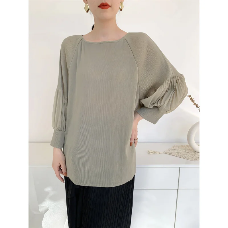 MIYAKE Summer new round neck loose and slimming versatile lazy pleated top with seven quarter sleeves T-shirt [S-987F]