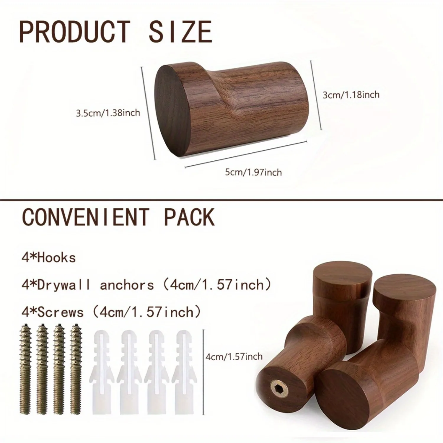 Pack of 1-6 Walnut - Non-slip Traditional Style Handmade Wall Hooks Set for Hats, Coats - Simple Multipurpose Home Decor