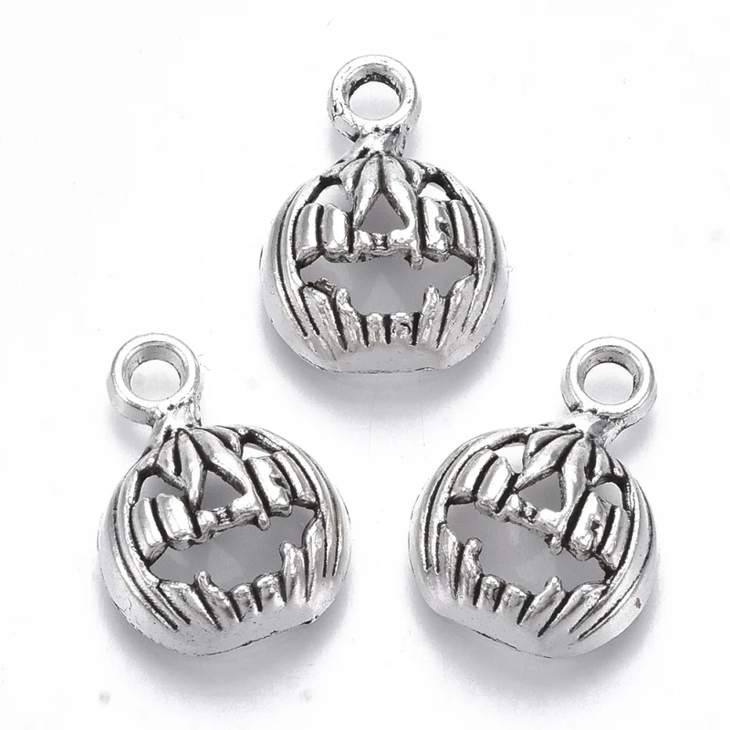 50pc Tibetan Style Alloy Pendants Lead Free & Cadmium Free for Halloween Halloween Pumpkin Jack-O'-Lantern Antique Silver