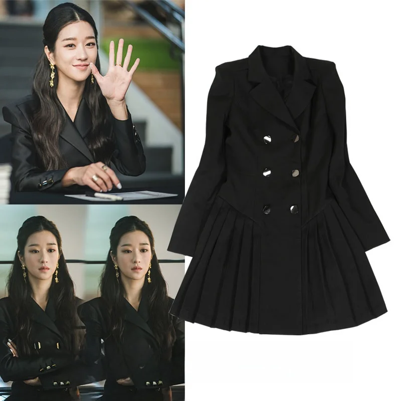 Ele Double-Breasted Suit Dr Korean Sle High Waist Long Sve V-Ne Autumn Faion Commute Pure Color X-ape Silho...