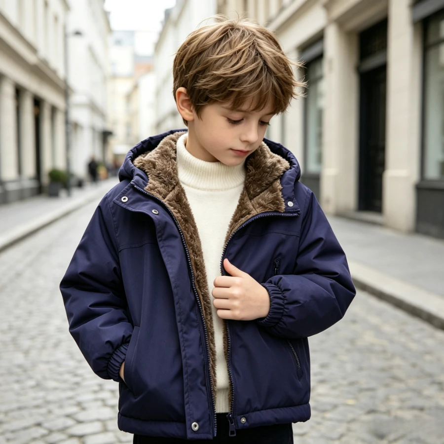 Kids Warm Fleece Lined Jacket Hooded Windproof Winter Coat Boys Girls Thick Sherpa Outerwear Zipper Pockets School Daily Wear