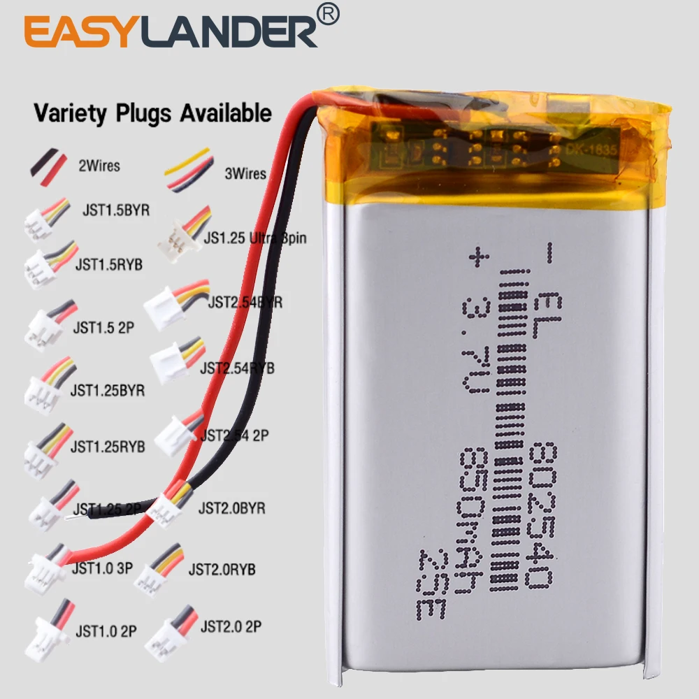 JST2.0mm 3Pin JST1.0 2P JST1.25 2P 802540 3.7V 850mAh Rechargeable Lithium Lipo Li-ion Polymer Battery