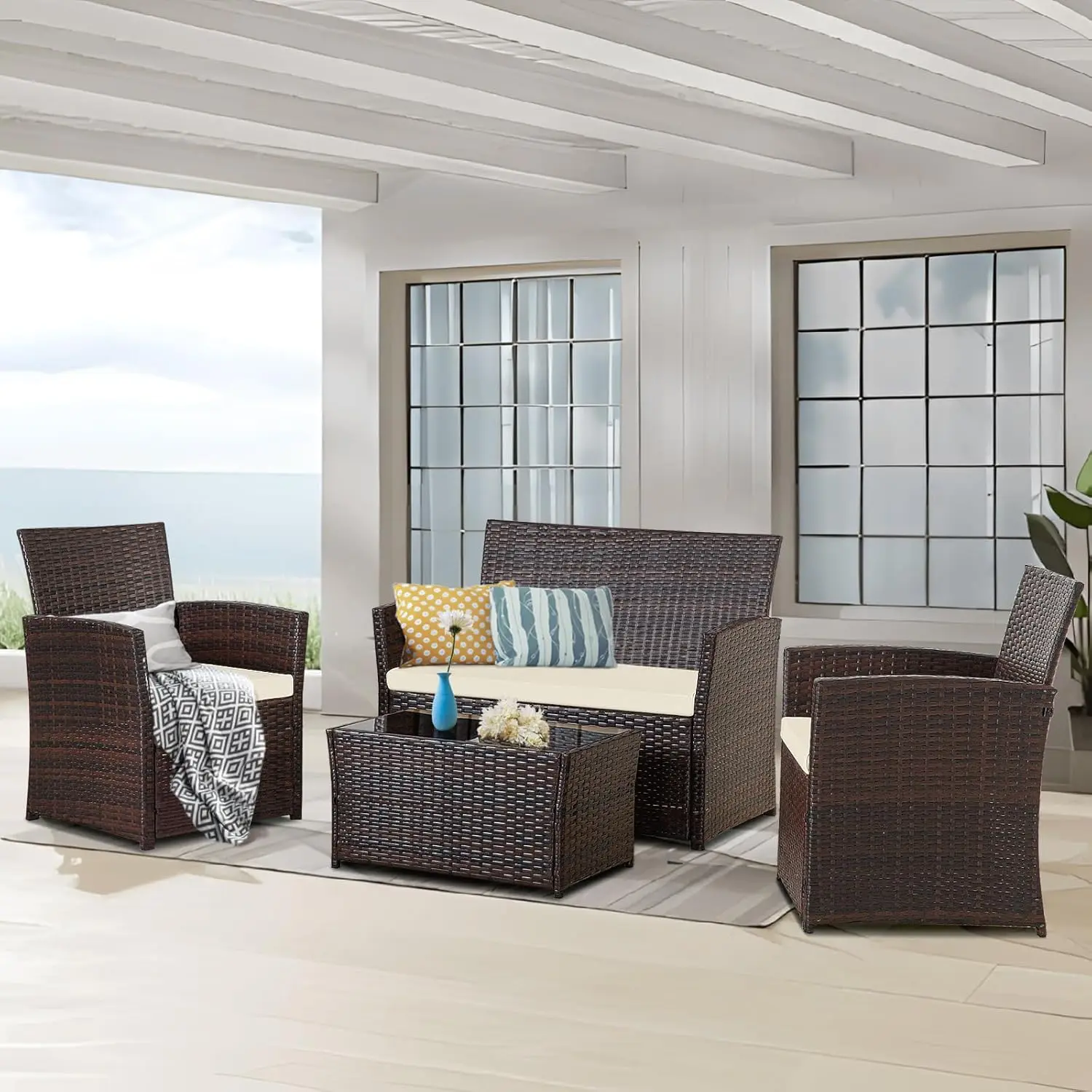 4 Piece Outdoor Patio Furniture Sets, Wicker Conversation Sectional Set, Rattan Chairs with Table and Loveseat