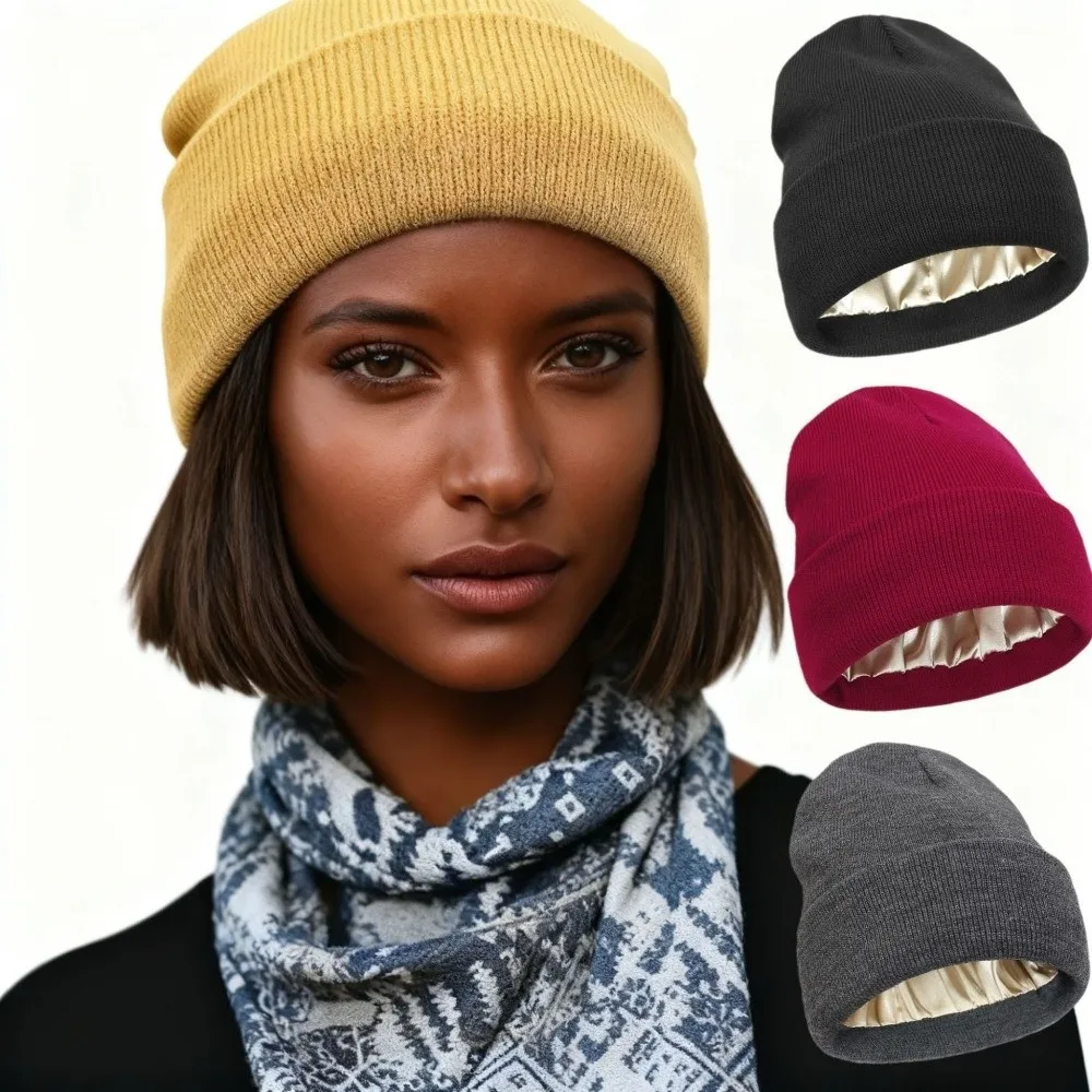 New Satin Satin Lined Beanie Cap Double Layer Knit Construction Winter Hat Anti-Static Hair Cover Winter Wear