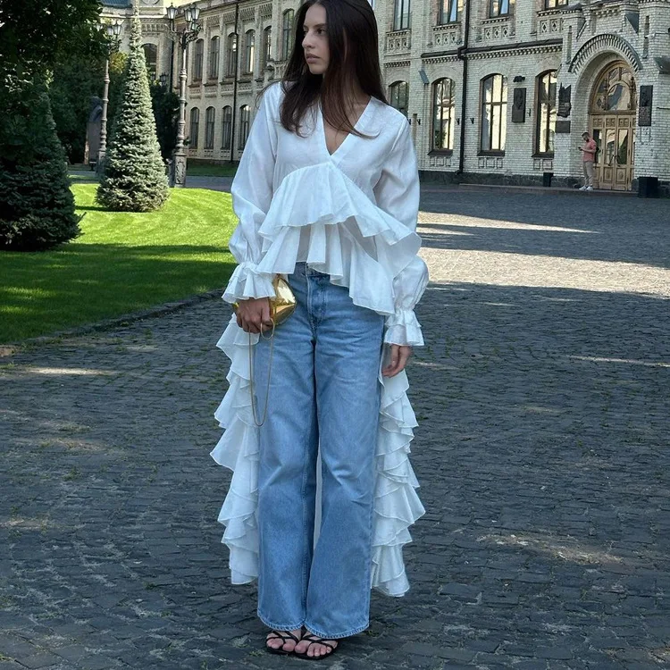 

Sexy Loose White Women's Shirt 2025 Fashion V-Neck Long Sleeve Shirts Elegant Ruffle Irregular Top Female Clothing