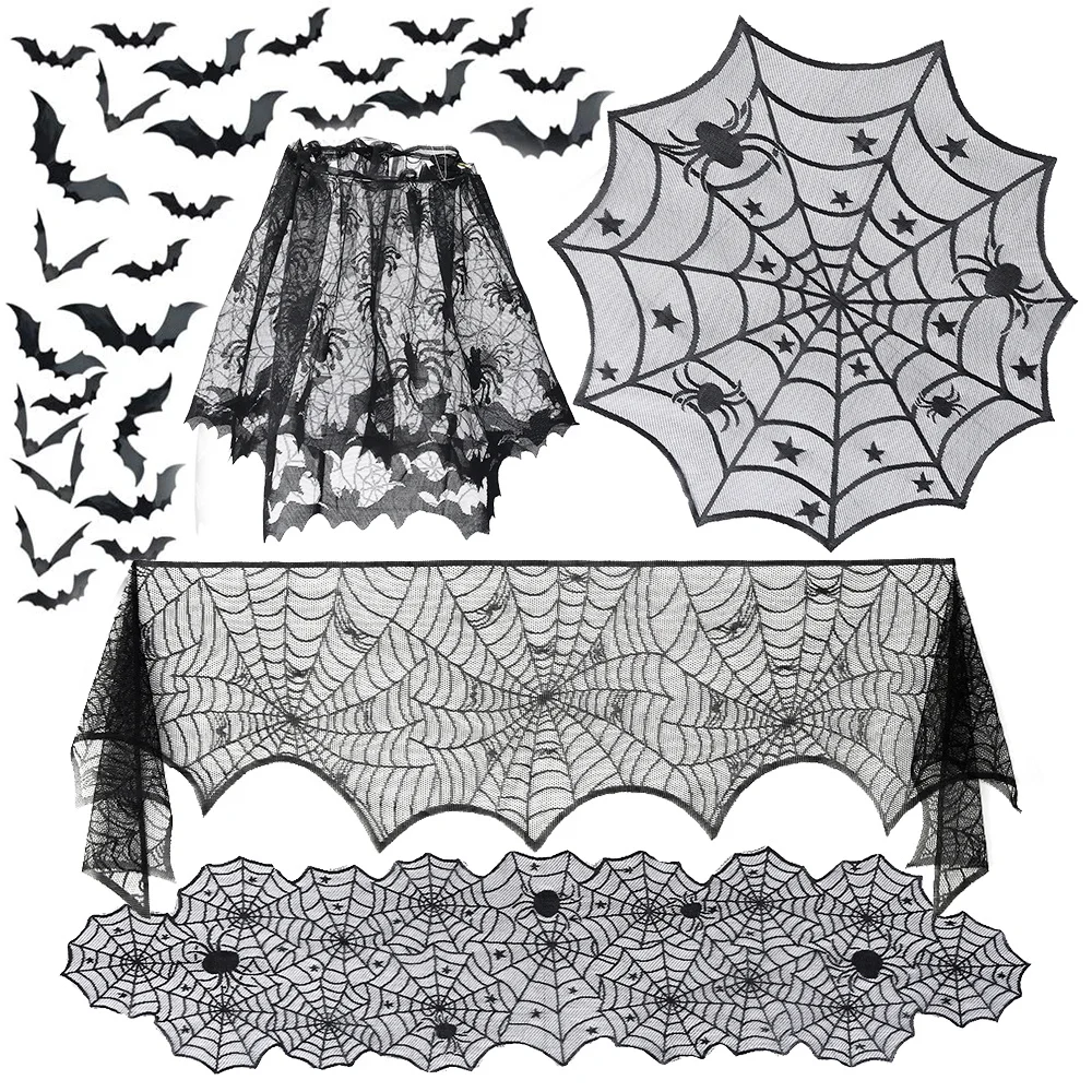 5 Pack Halloween Decorations Tablecloth Set Black Lace Table Runner Spider Cobweb Table Cover Mantel for Halloween Party Decor