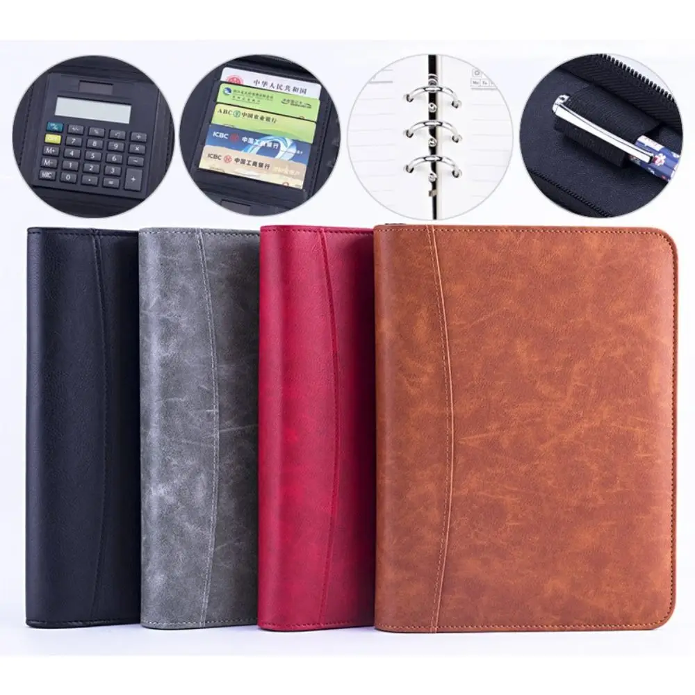 PU Leather A5 Loose-leaf Notebook With Calculator Binder Ring Student Diary Zipper Closure Card Holder Business Notepad Travel