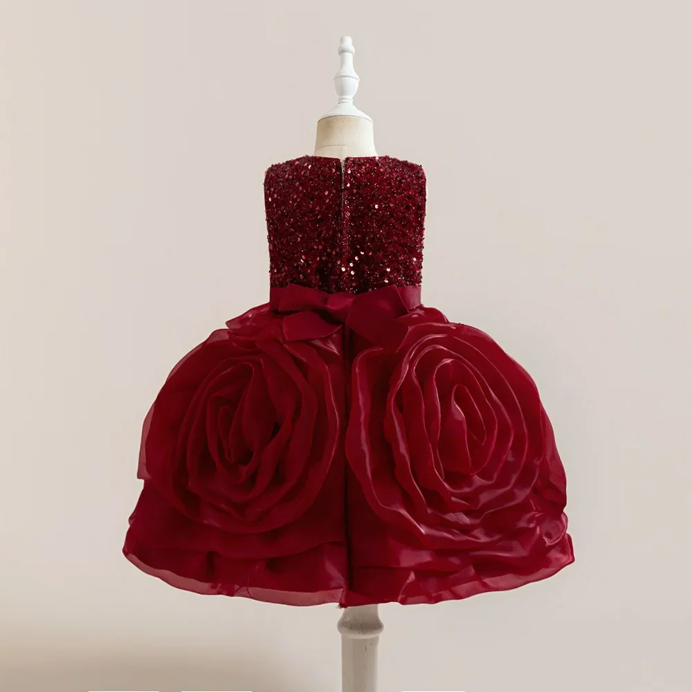 Big Flower Girls Sequin Party Dress for Kids Pink Tulle Birthday Wedding Girl Dresses Vestidos Piano Performance Evening Costume