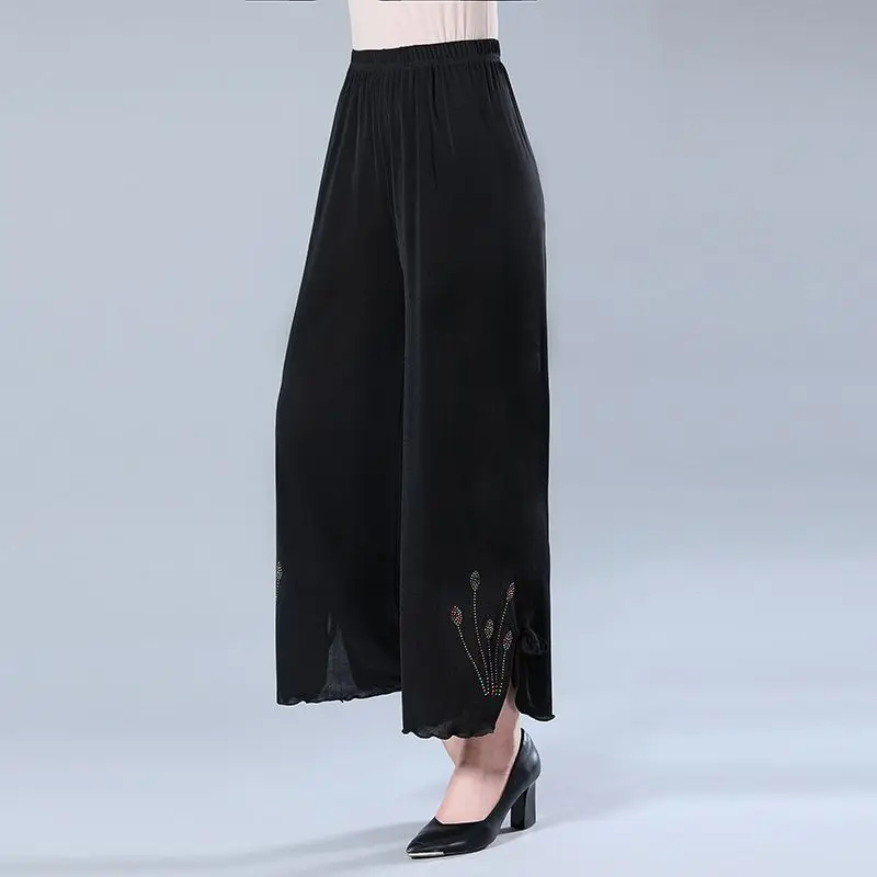 Women Summer Fashion Elegant Loose Embroidered Solid Color High Waist Wide Leg Women Clothes Casual All-match Large Size Pants