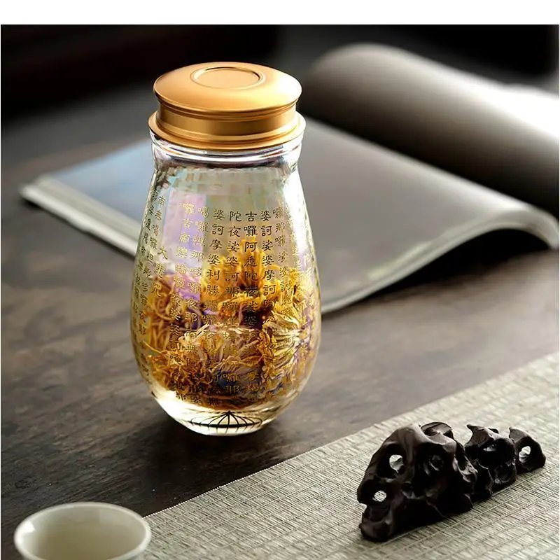 Glass Tea Tin Metal Cover Great Compassion Mantra Caddy Moisture Proof Box Storage Jar Sealed Cans Organizer