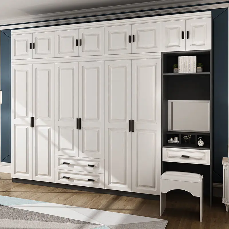 

European-style white wardrobe modern simple and economical home bedroom wooden with top cabinet wooden four or six door large wa