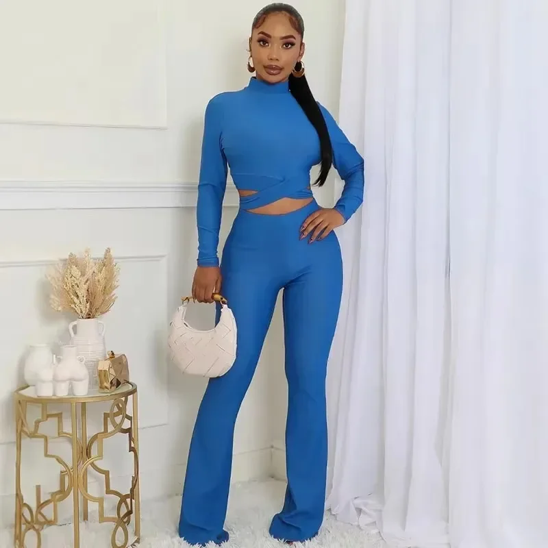 

Solid Elegant Two Piece Set for Women Y2K Party Long Sleeve Bandage Crop Top and Flare Pants Womens 2 Piece Outfit Clubwear