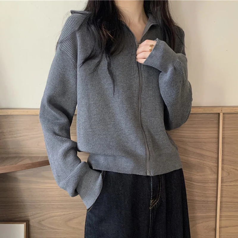 

Korean Fashion Zipper Up Knitting Cardigan Women Autumn Long Sleeve Turtleneck Sweater Woman Solid Color Cropped Cardigans Mujer