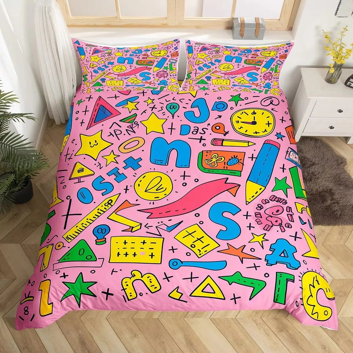 Cartoon Graffiti Bedding Set Back To School Duvet Cover for Kids Boys Girls Bedroom,Math Geometric Symbol Comforter Cover, Twin