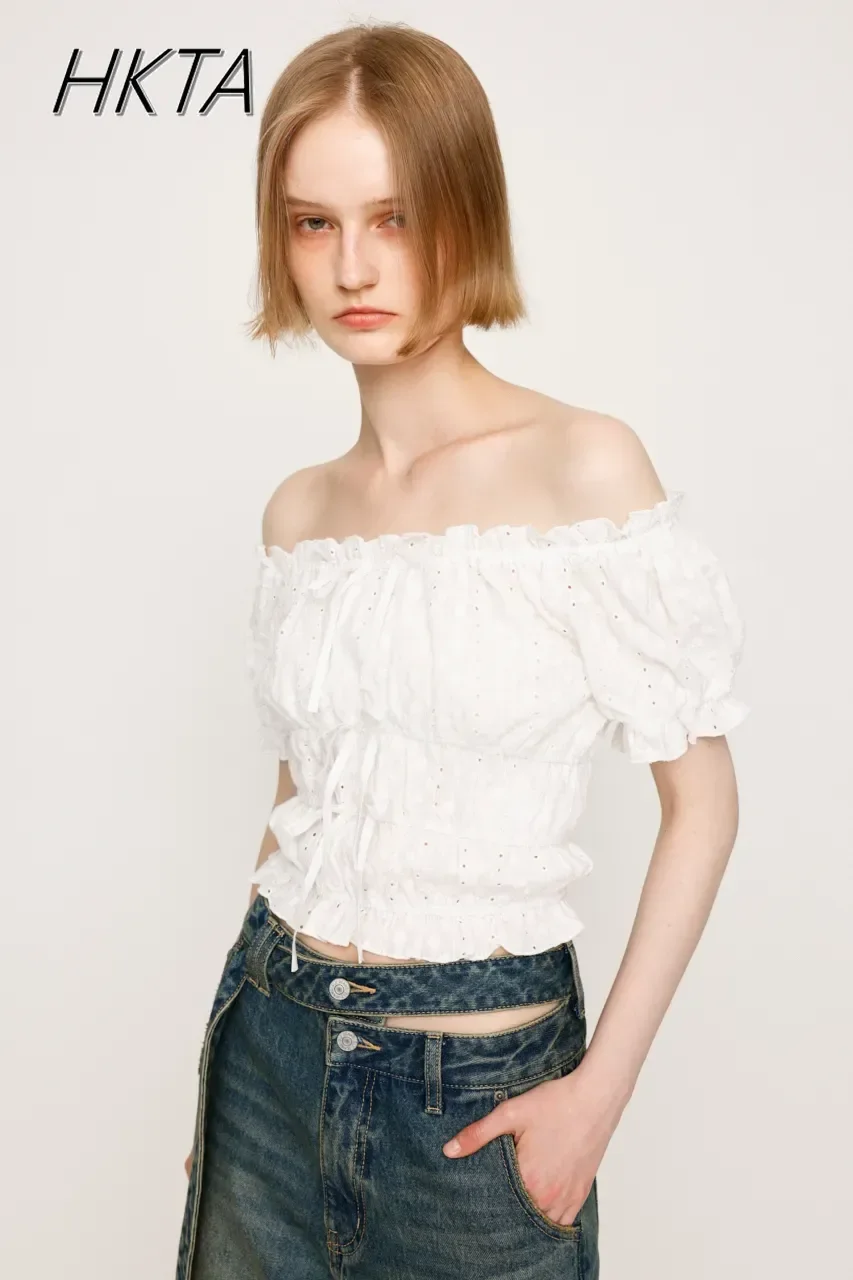 

Japanese Off Collar Bubble Short-sleeve Shirt Strap Bow Sweet Girl Embroidered Short Shirts New Summer Women Tops and Blouses