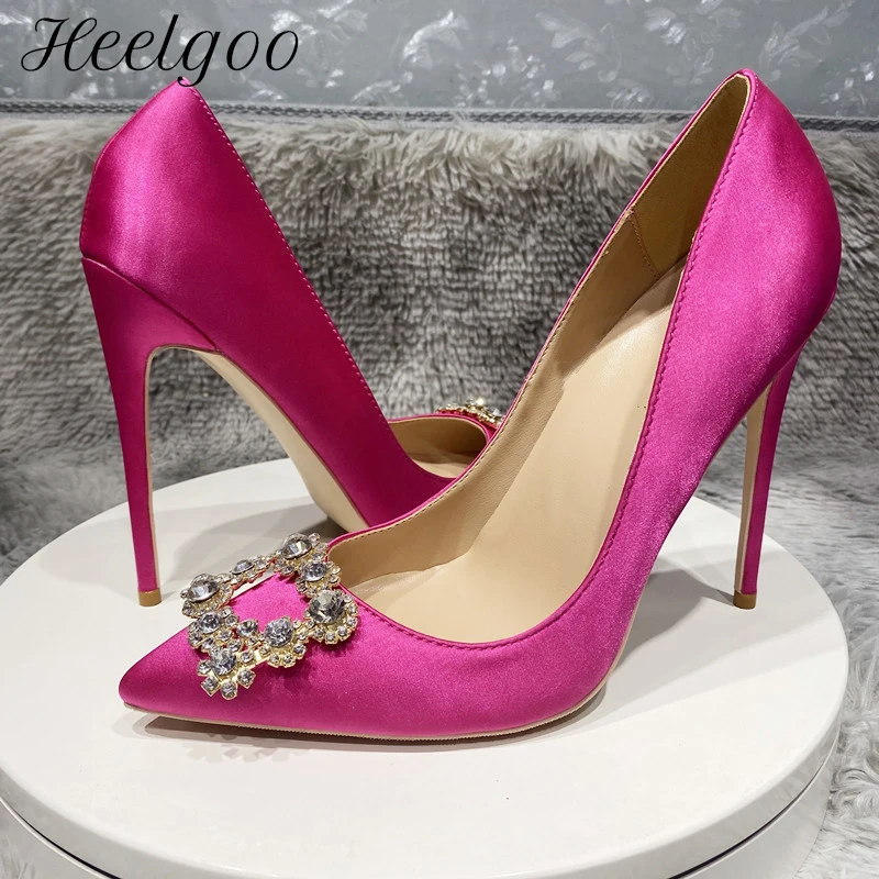 

Heelgoo Glitter Square Decor Women Rose Satin Pointy Toe High Heel Wedding Shoes Elegant Ladies Slip On Stiletto Pumps Plus Size