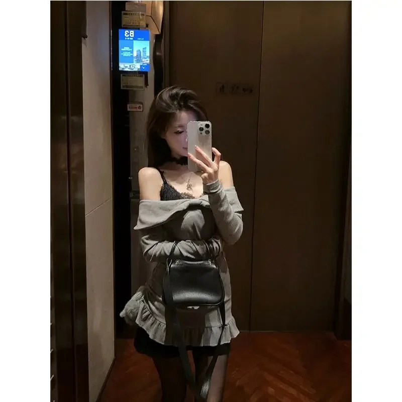 Novo nicho renda suspender saia em camadas de um ombro cordão vestido de manga comprida