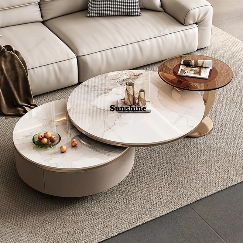 

Modern Luxury Foldable Coffee Table Set Home Round Rock Slab Center Table Sets for Living Room Office 2-Piece Table with Storage
