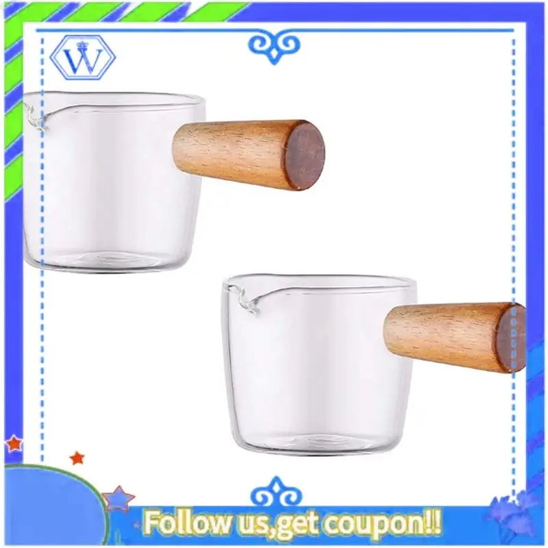 

A55P-10PCS Transparent Glass Creamer With Wooden Handle, Mini Coffee Milk Creamer Pitcher. 100Ml