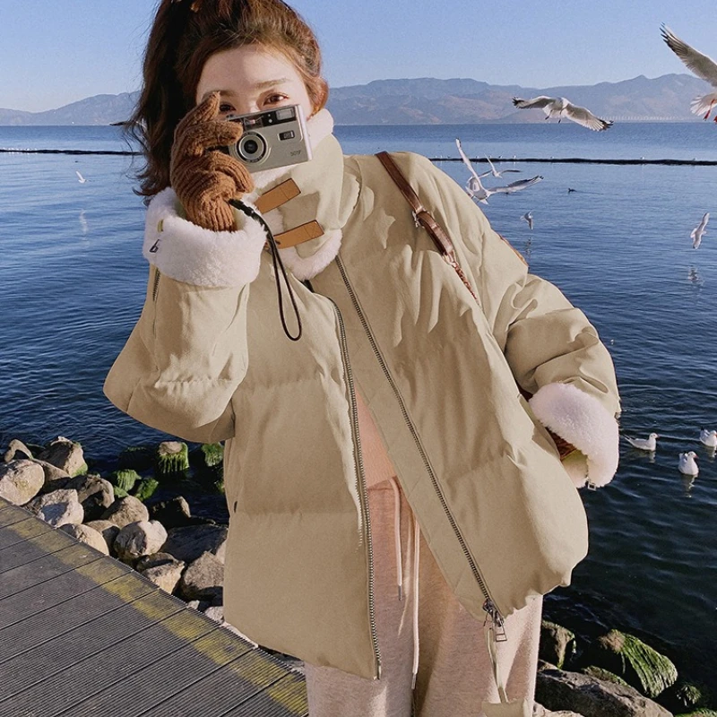 Lamb wool spliced down jacket women's winter new Korean version design sense loose and thick 90 white duck down jacket