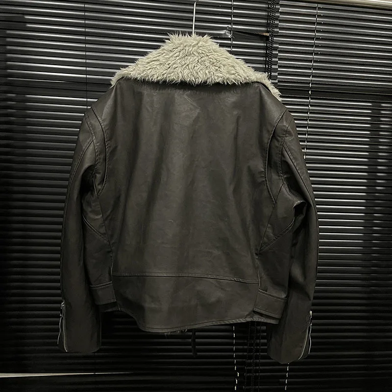 DEAT Damenmantel, schwarzes Pu-Leder, locker, dick, Motorrad-Stil, Gürtel, diagonaler Reißverschluss, Jacke, 2023, neue Wintermode, 11A01934