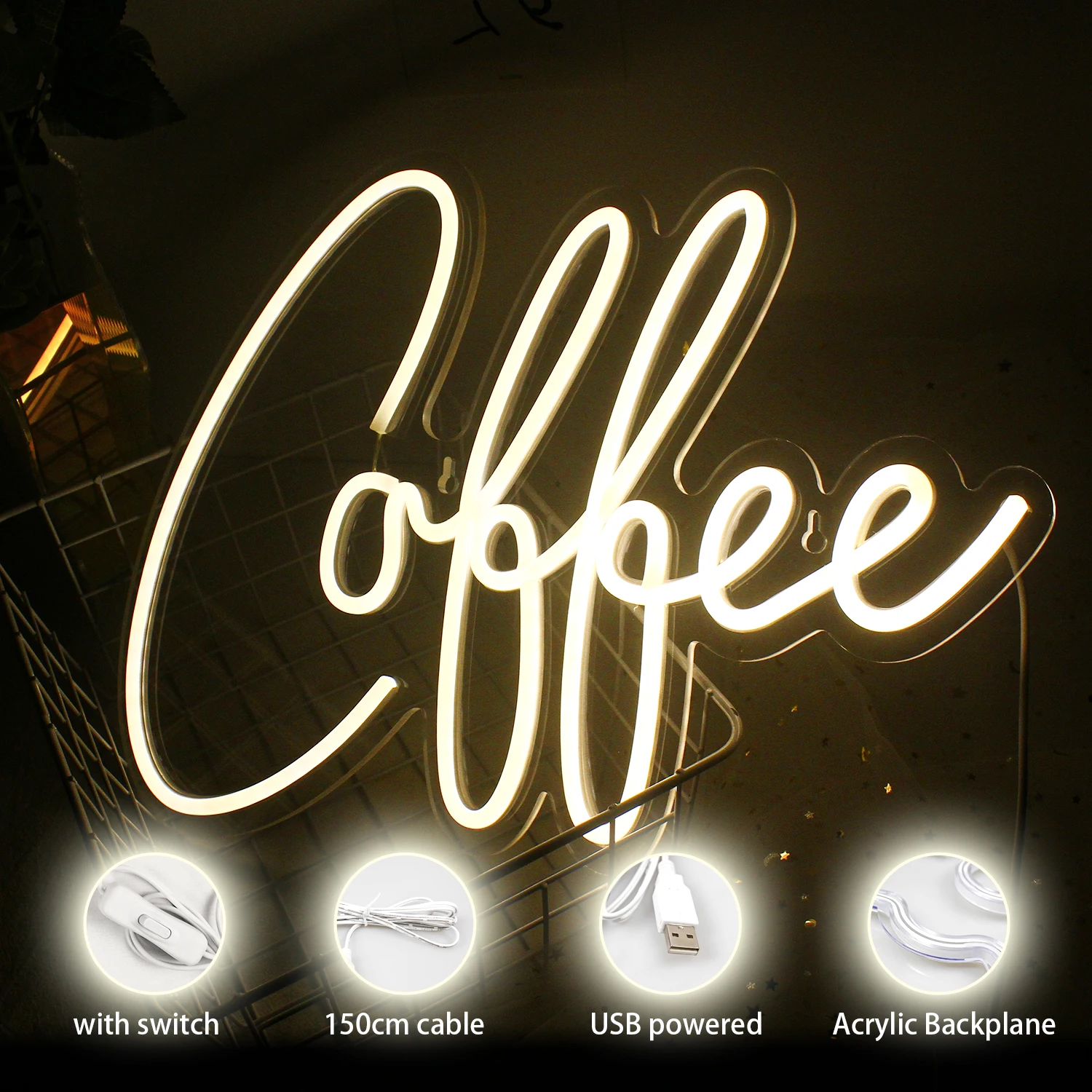 Coffce Neon LED Sign for Man, Dimmable Shop Room Decoration, Party Bar, Club Station, Bedroom, Diversification Art Logo, Business Lights, USB Lamp