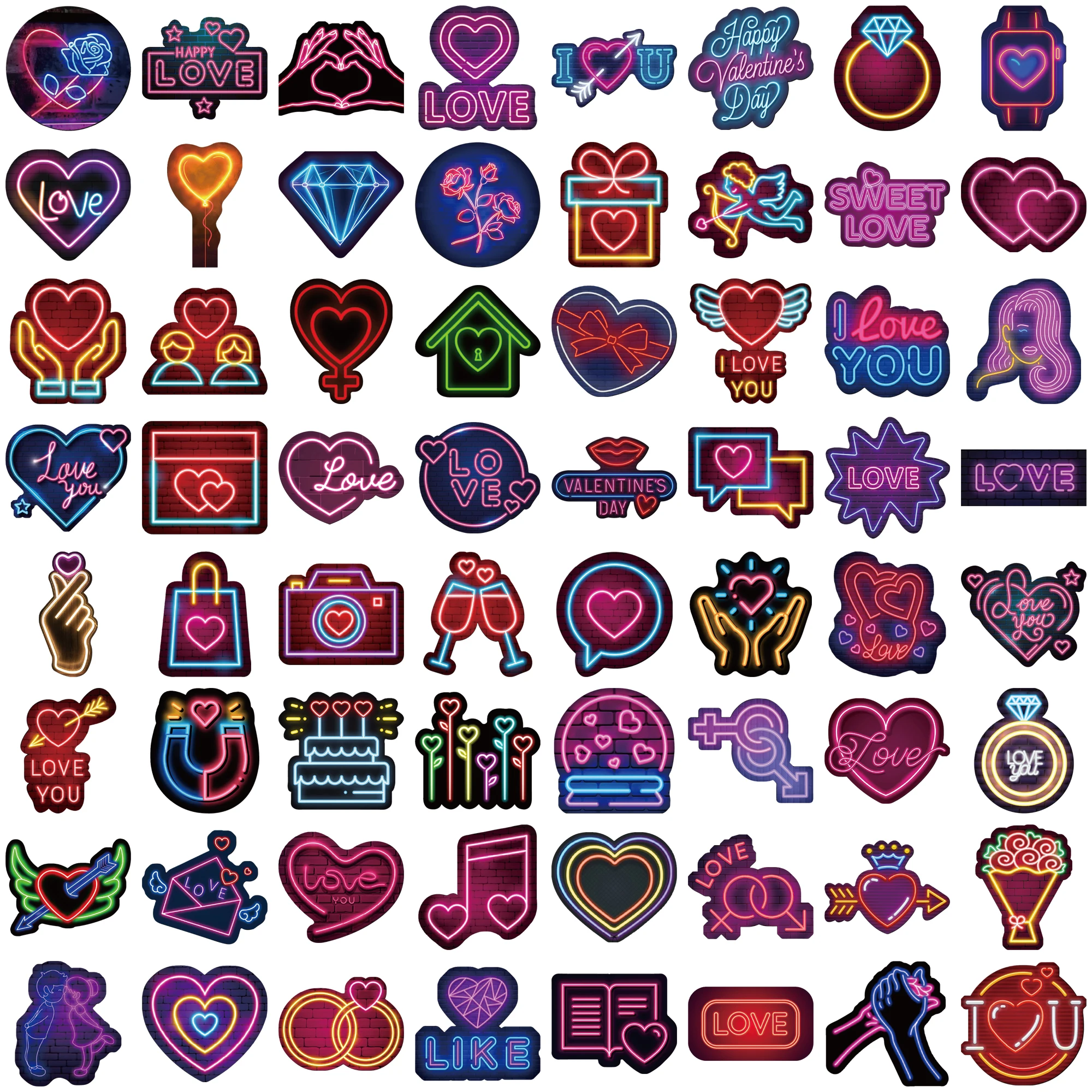 64PCS Cool Neon Light Stickers Trendy Graffiti Waterproof Vinyl Neon Stickers Pack for Phone Creative Decoration DIY Toys