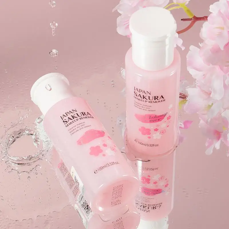 Liquid Makeup Remover 3 in 1 Sakura Facial Cleanser & Makeup Remover Gentle Exfoliation for Eye Lip & Face Makeup Gentle