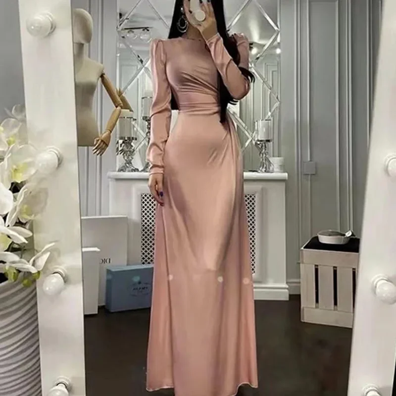 Women Sexy High Slit Satin Party Dress Office Fashion Lace-Up Boadycon Long Dresses Elegant O Neck Long Sleeve Solid Maxi Dress