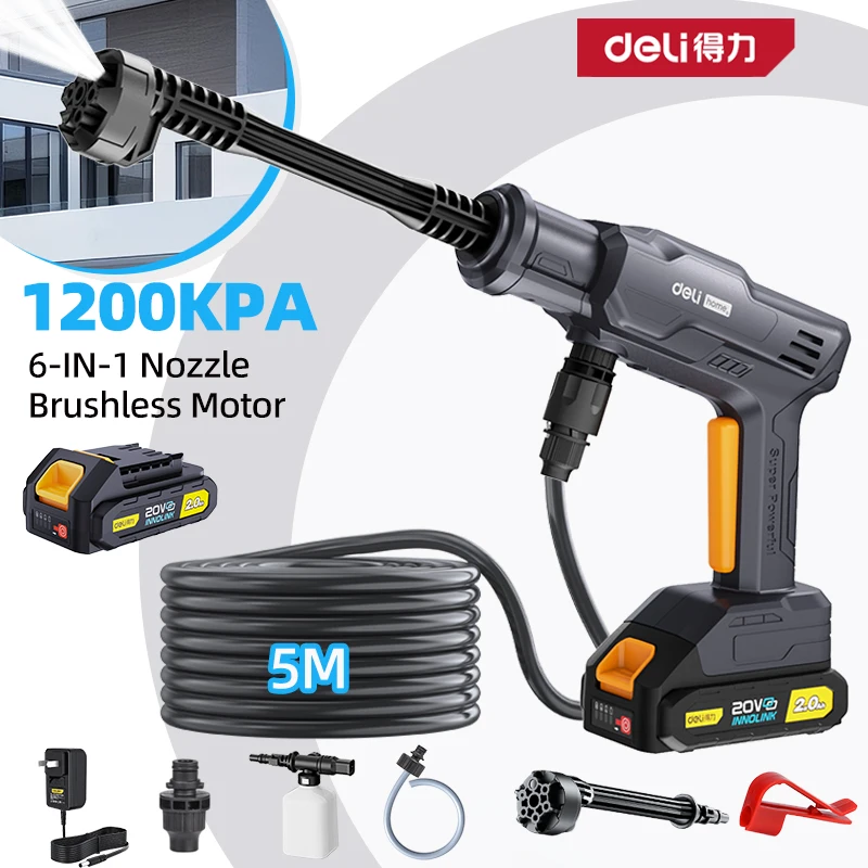 

DELI 1200KPA Бесщеточная электрическая мойка высокого давления Многофункциональная мойка автомобилей Садовый распылитель воды 20 В Батарея