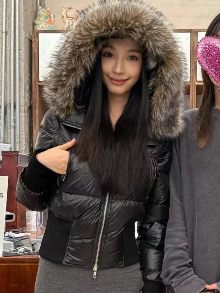 Bla ort Sli Removable Sve down Jaet with Fur Collar Warm Commute Sle Women's Padded Coat Thi Nylon Material